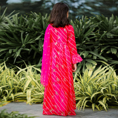 Stylish Pink Lehriya Long Kurta With Attached Dupatta