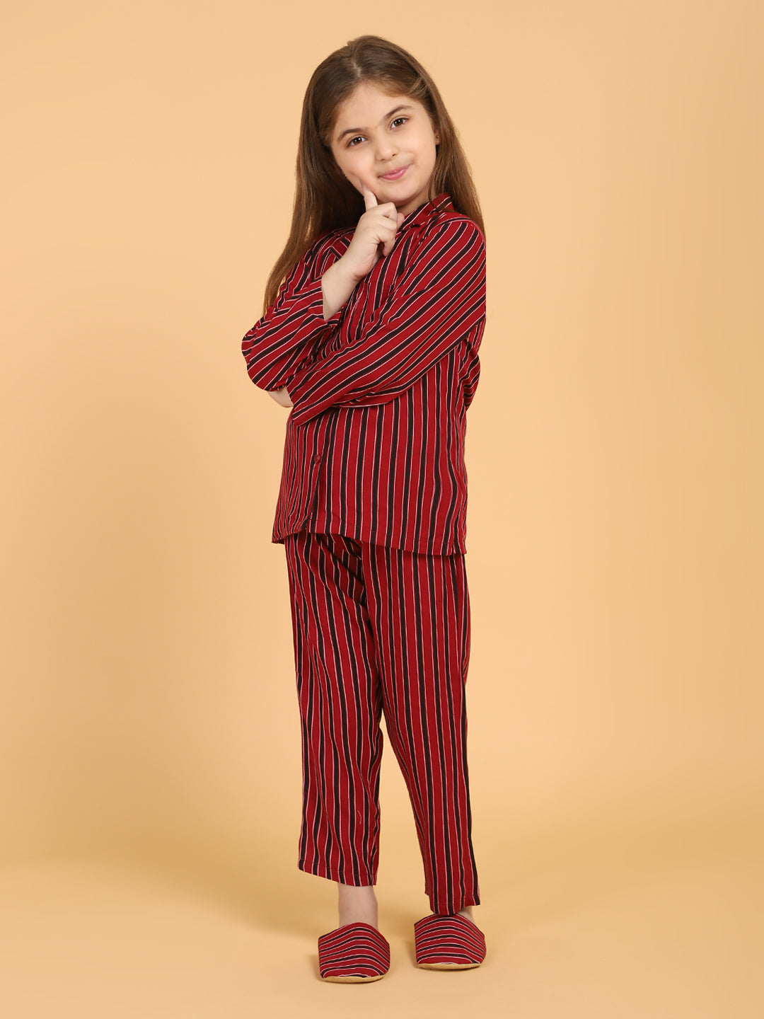 Maroon Full Sleeves Stripes Printed Top &amp; Pyjama Sets