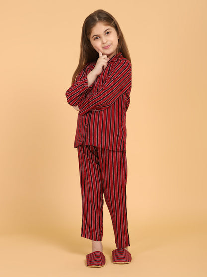 Maroon Full Sleeves Stripes Printed Top & Pyjama Sets