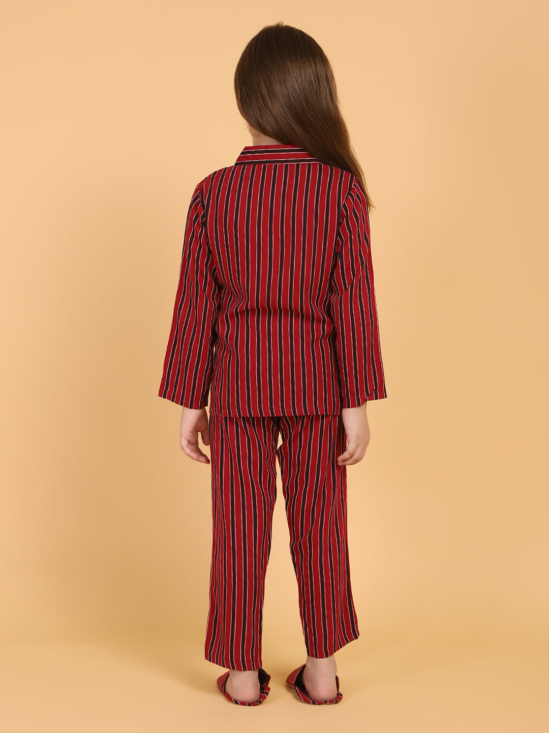 Maroon Full Sleeves Stripes Printed Top &amp; Pyjama Sets