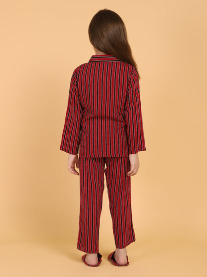 Maroon Full Sleeves Stripes Printed Top &amp; Pyjama Sets