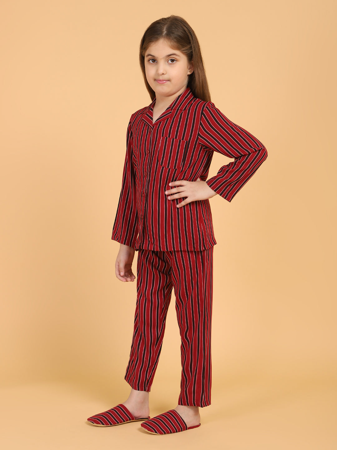 Maroon Full Sleeves Stripes Printed Top &amp; Pyjama Sets