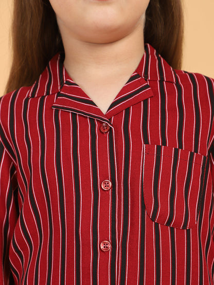 Maroon Full Sleeves Stripes Printed Top &amp; Pyjama Sets