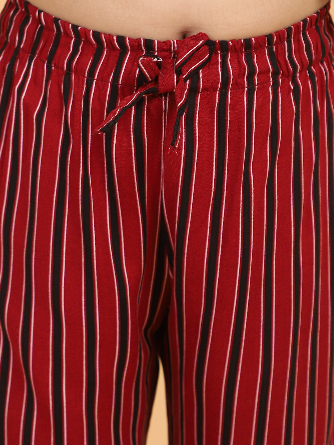 Maroon Full Sleeves Stripes Printed Top &amp; Pyjama Sets