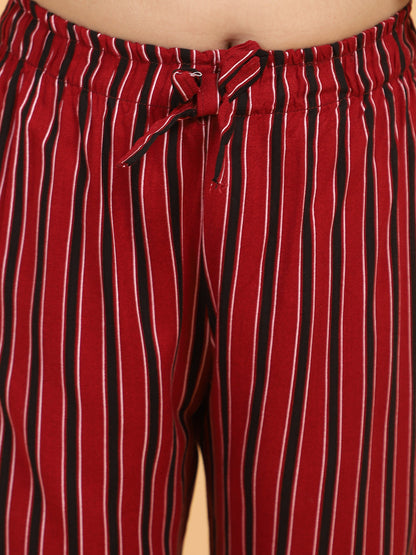 Maroon Full Sleeves Stripes Printed Top &amp; Pyjama Sets