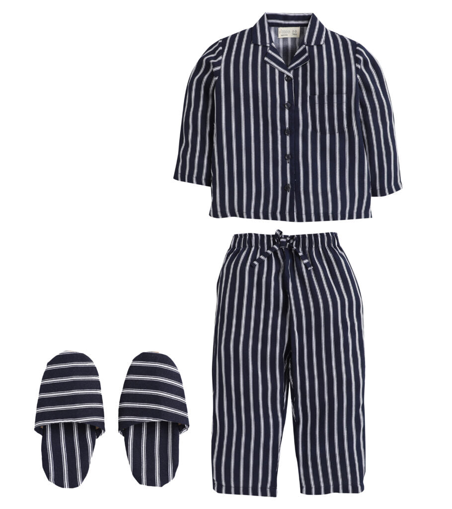 Black Full Sleeves Vertical Stripes Top And Pyjama Set With Slippers