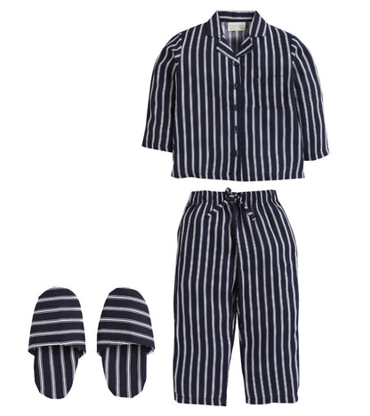 Black Full Sleeves Vertical Stripes Top And Pyjama Set With Slippers