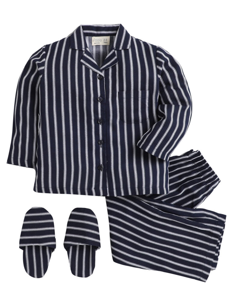 Girls Navy Blue Rayon Stripped Full Sleeves Pyjama Set With Slip Ons