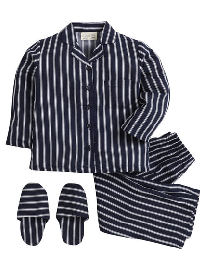 Black Full Sleeves Vertical Stripes Top And Pyjama Set With Slippers