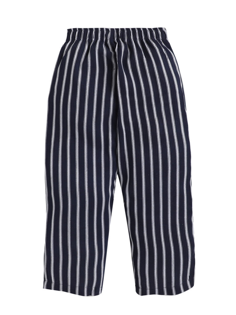 Black Full Sleeves Vertical Stripes Top And Pyjama Set With Slippers