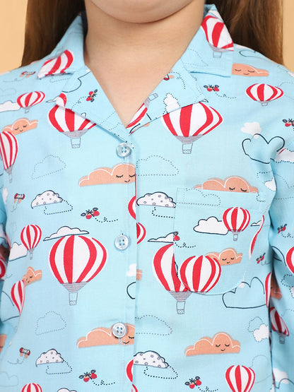 Blue Full Sleeves Parachute Printed Top and Pyjama Set