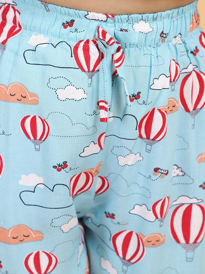Blue Full Sleeves Parachute Printed Top and Pyjama Set