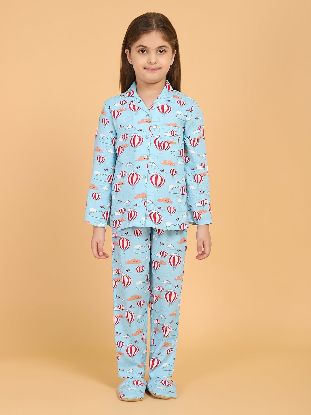 Blue Full Sleeves Parachute Printed Top and Pyjama Set