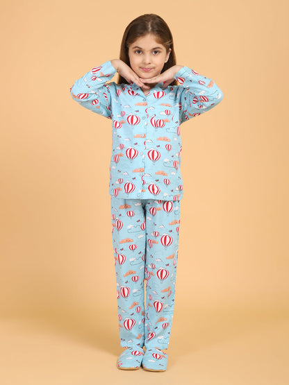 Blue Full Sleeves Parachute Printed Top and Pyjama Set