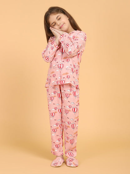 Peach Full Sleeves Parachute Printed Top and Pyjama Set