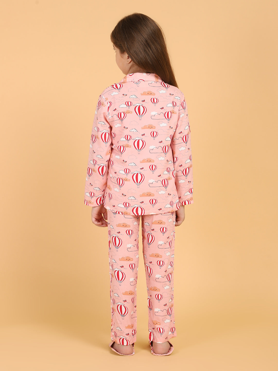 Peach Full Sleeves Parachute Printed Top and Pyjama Set