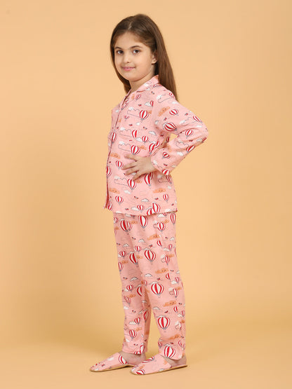 Peach Full Sleeves Parachute Printed Top and Pyjama Set