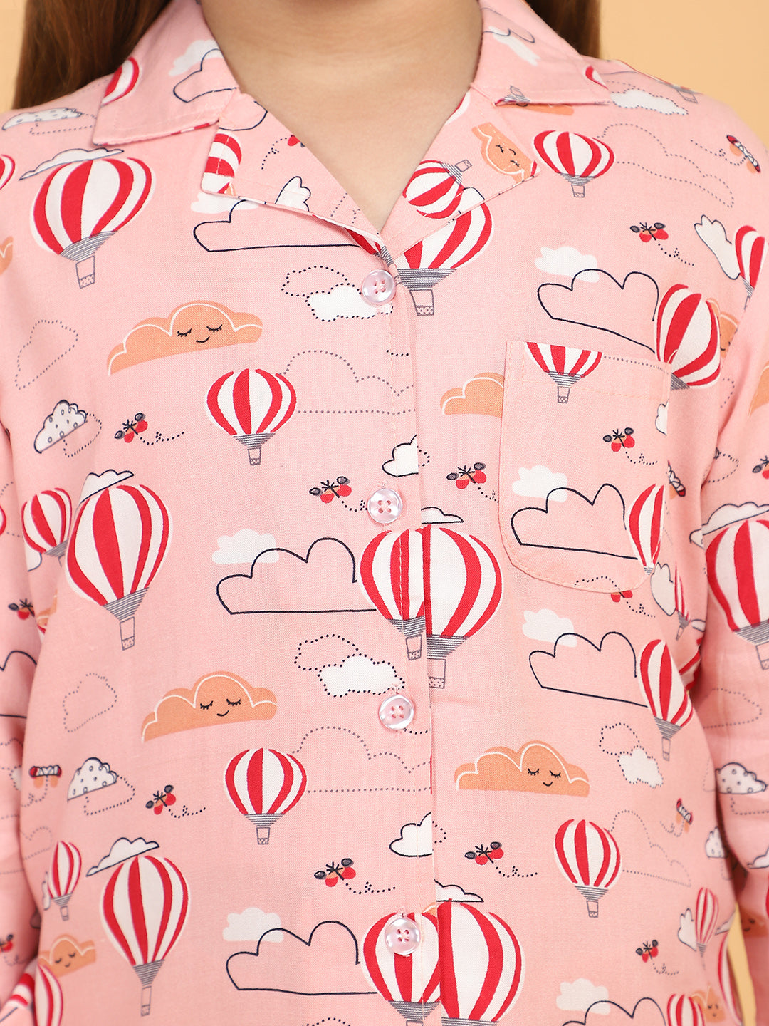 Peach Full Sleeves Parachute Printed Top and Pyjama Set