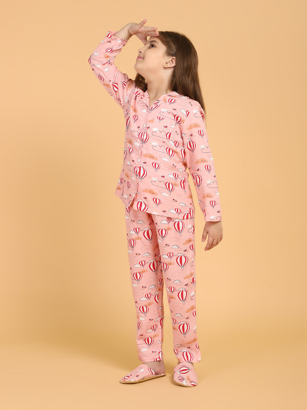 Peach Full Sleeves Parachute Printed Top and Pyjama Set