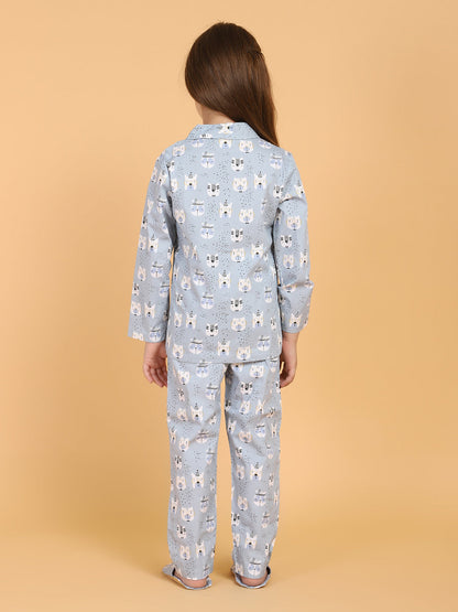 Black &amp; Grey Full Sleeves Solid Top And Pyjama Set With Slippers