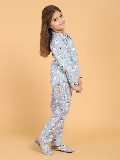 Black &amp; Grey Full Sleeves Solid Top And Pyjama Set With Slippers