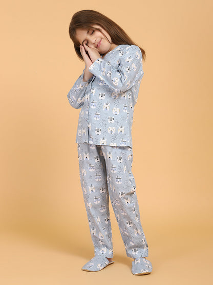 Black &amp; Grey Full Sleeves Solid Top And Pyjama Set With Slippers