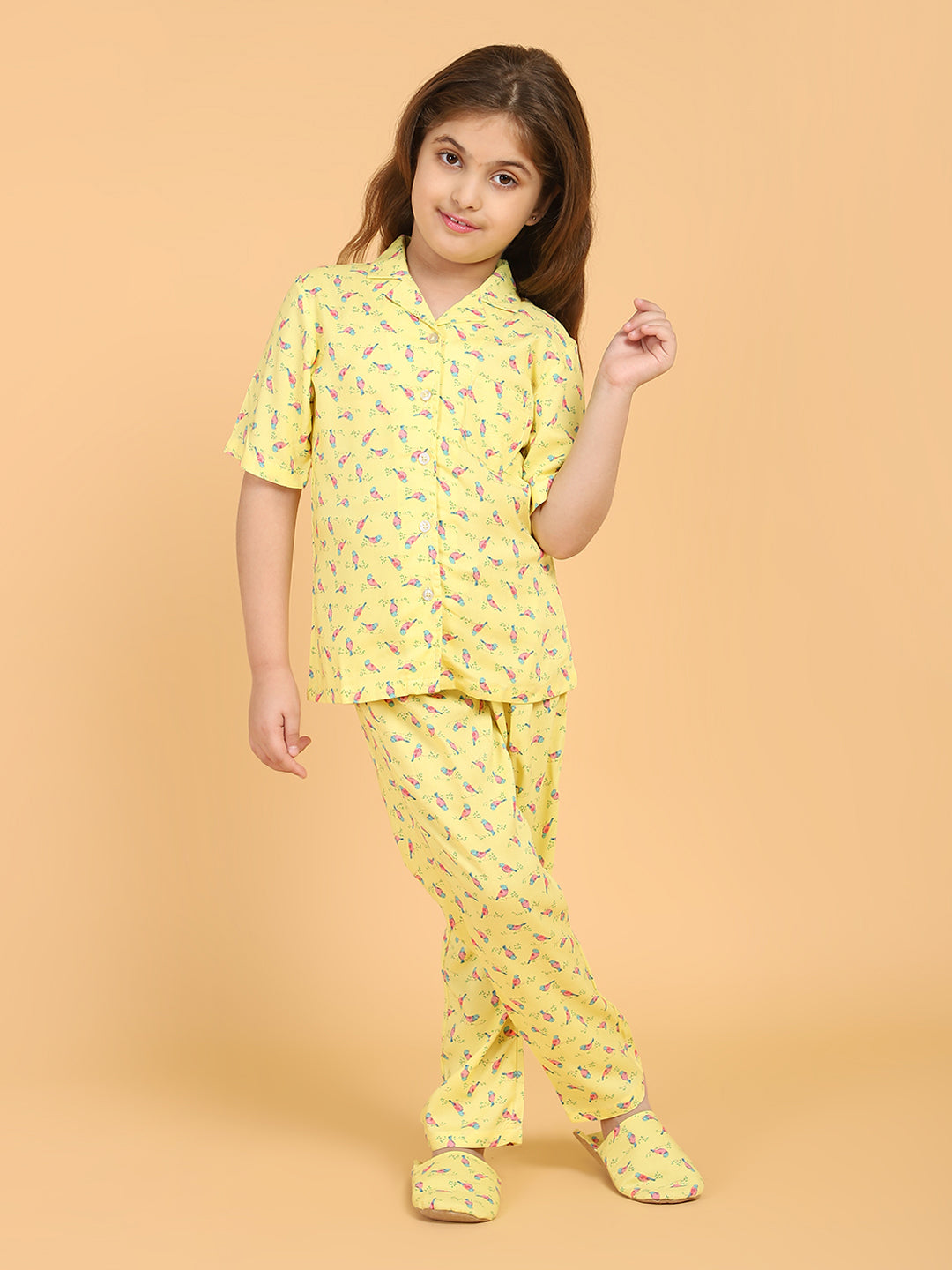 Girls Birds Motif Yellow Pyjamas Night Suit Set With Slip Ons