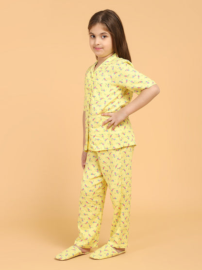 Girls Yellow &amp; Pink Printed Night suit