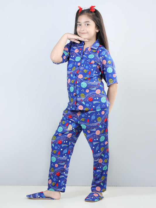 Printed Night Suit With Slip Ons Blue