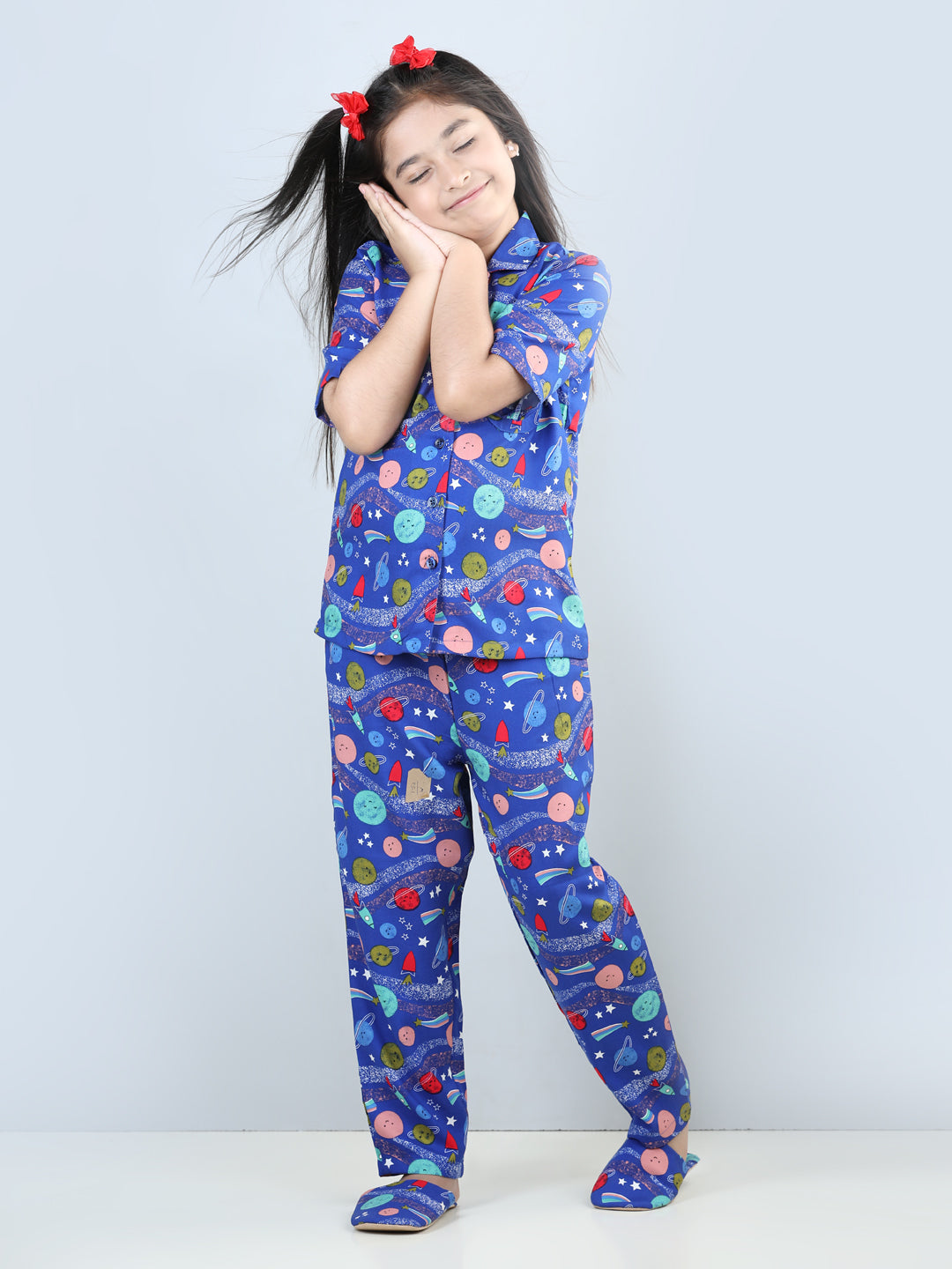 Girls Blue Rayon Space Themed Pyjama Set With Slip Ons