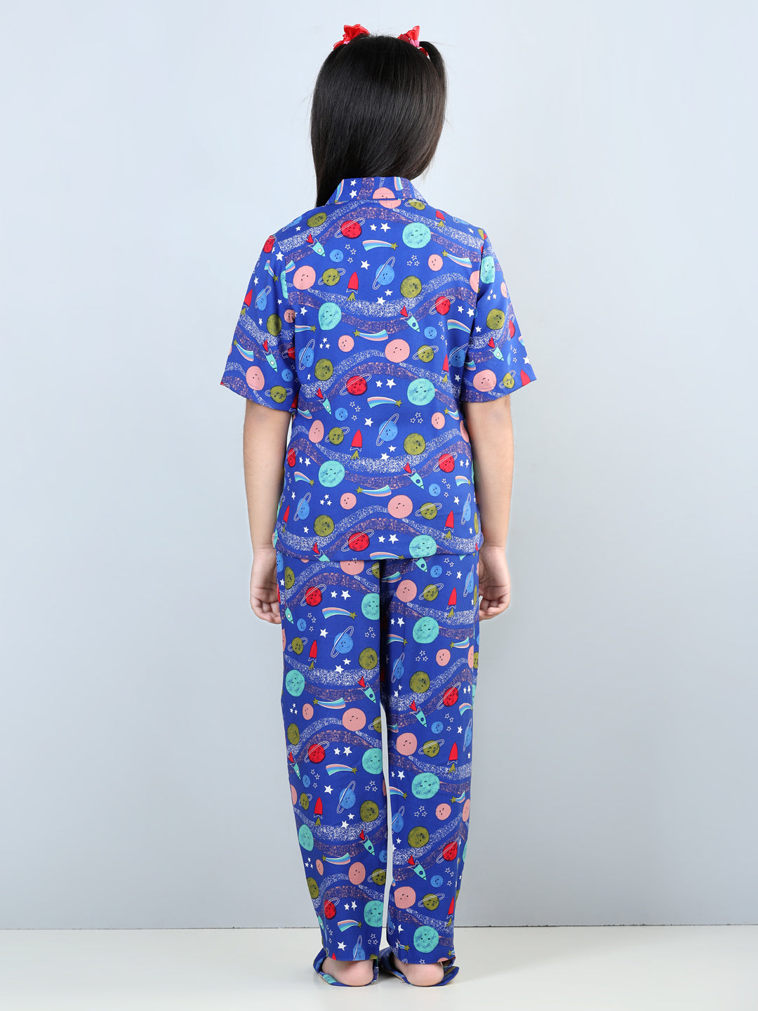 Girls Blue Rayon Space Themed Pyjama Set With Slip Ons