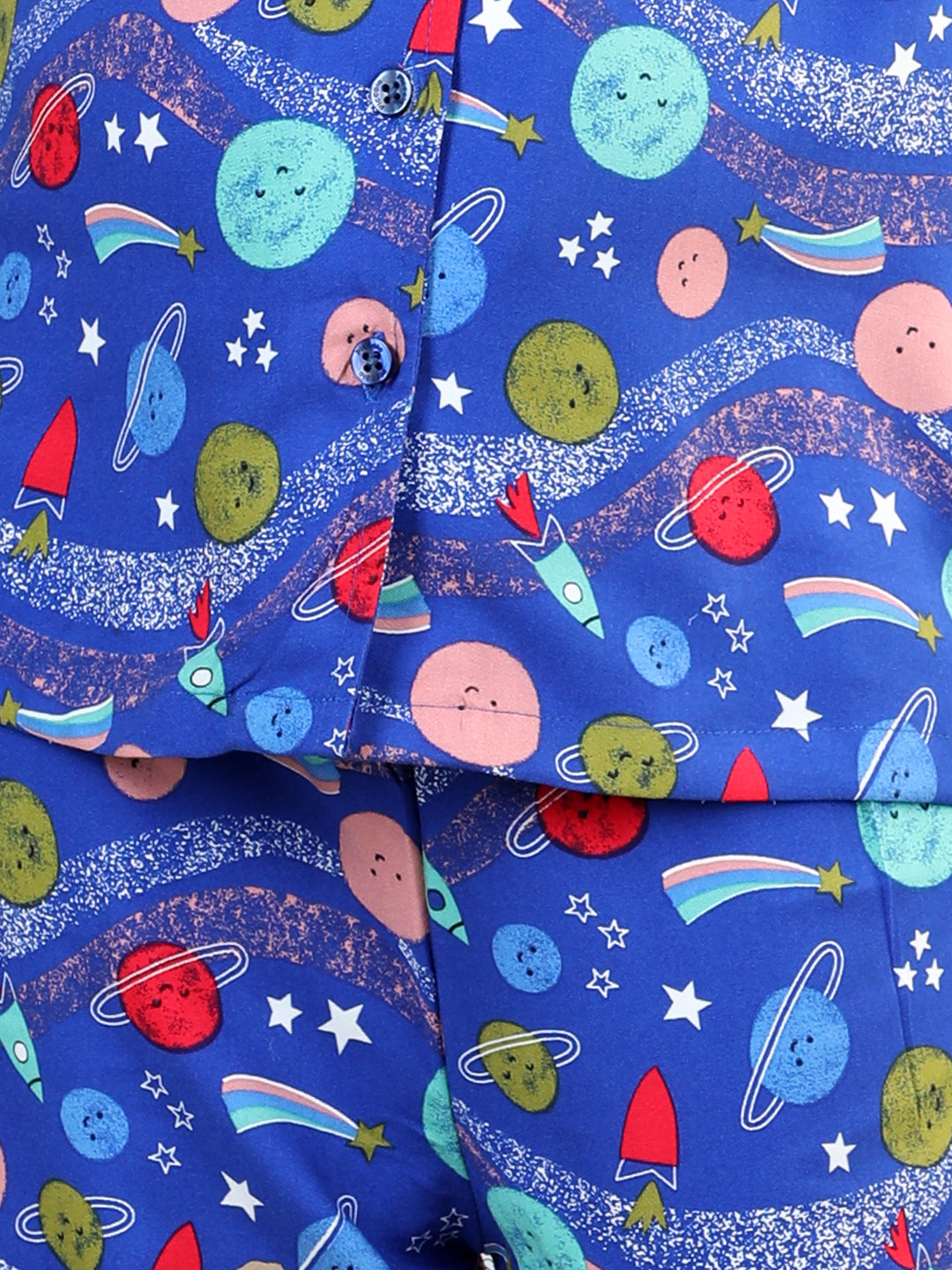 Girls Blue Rayon Space Themed Pyjama Set With Slip Ons