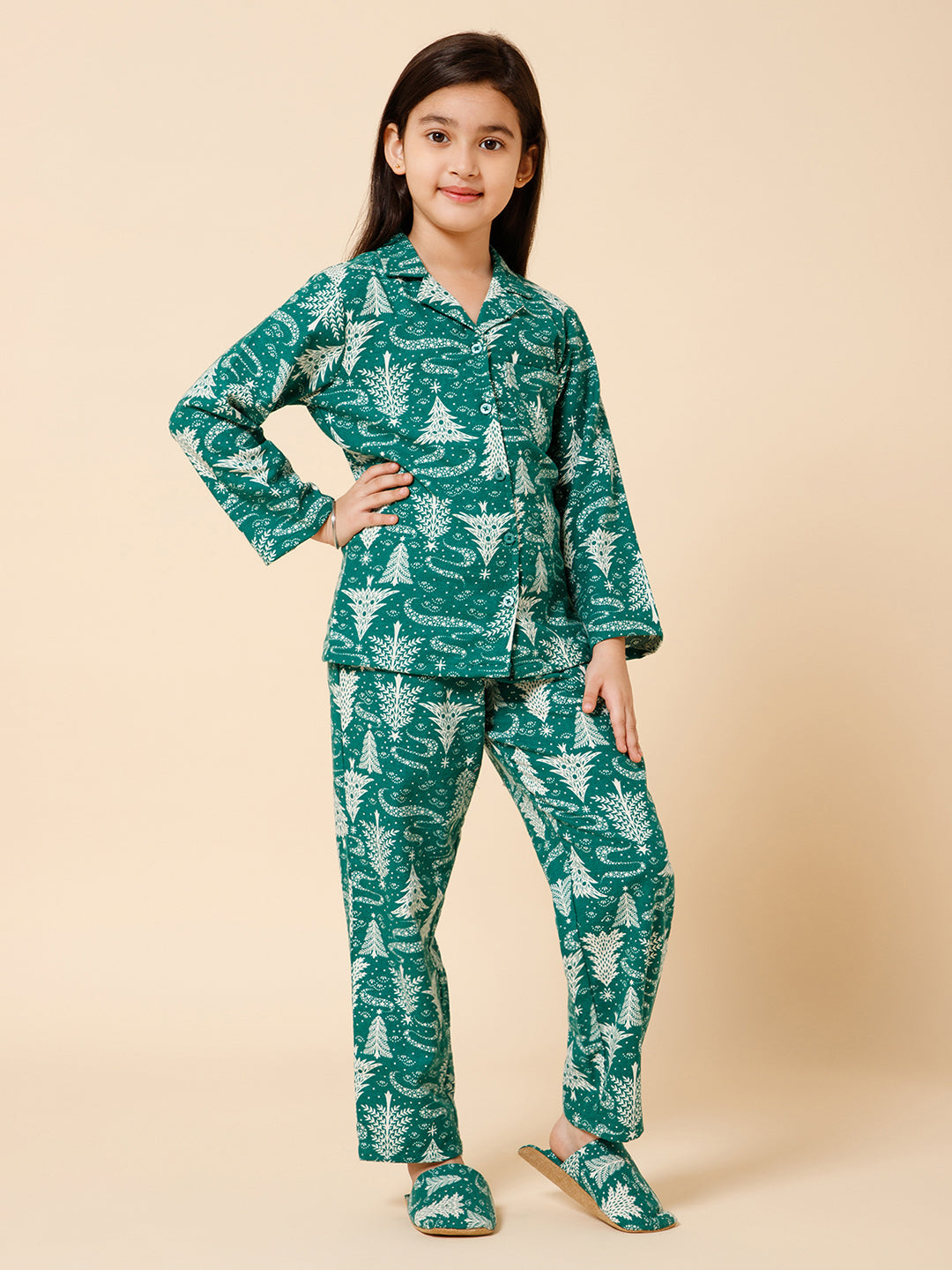Piccolo-Christmas Tree Printed Night Suit With Slip Ons- Green