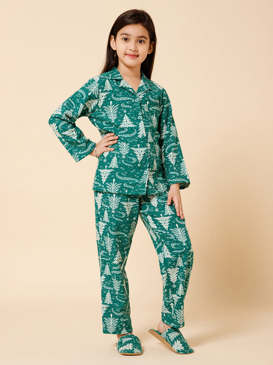 Piccolo-Christmas Tree Printed Night Suit With Slip Ons- Green