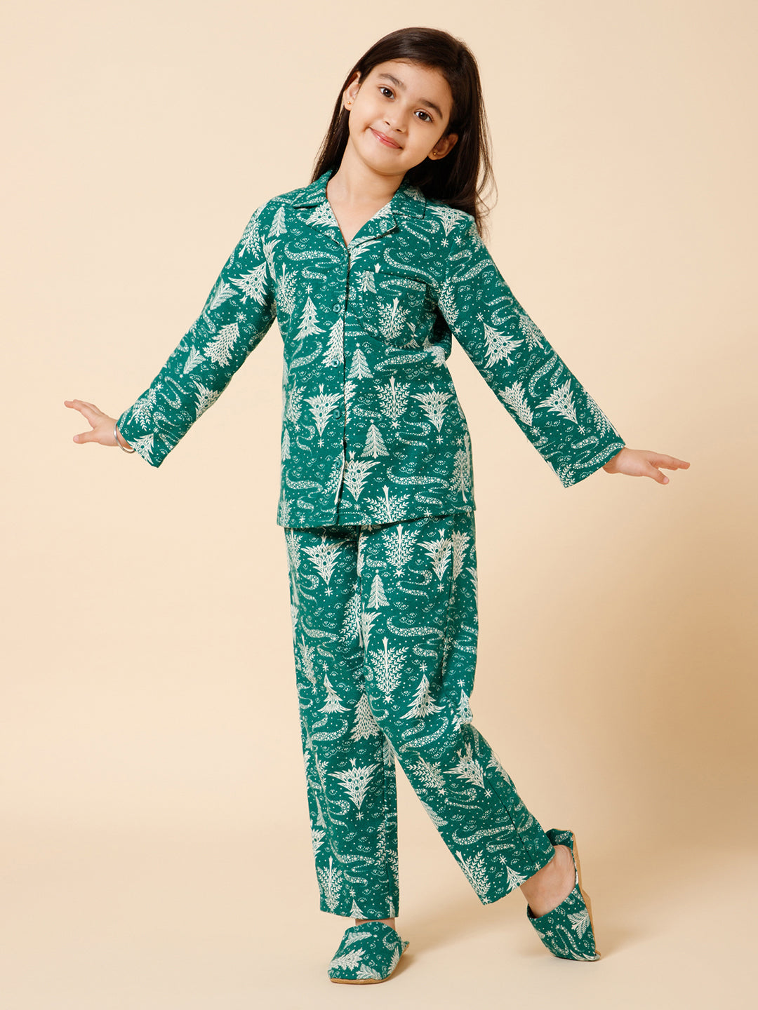 Girls Green Christmas Themed Night Suit With Matching Slip Ons