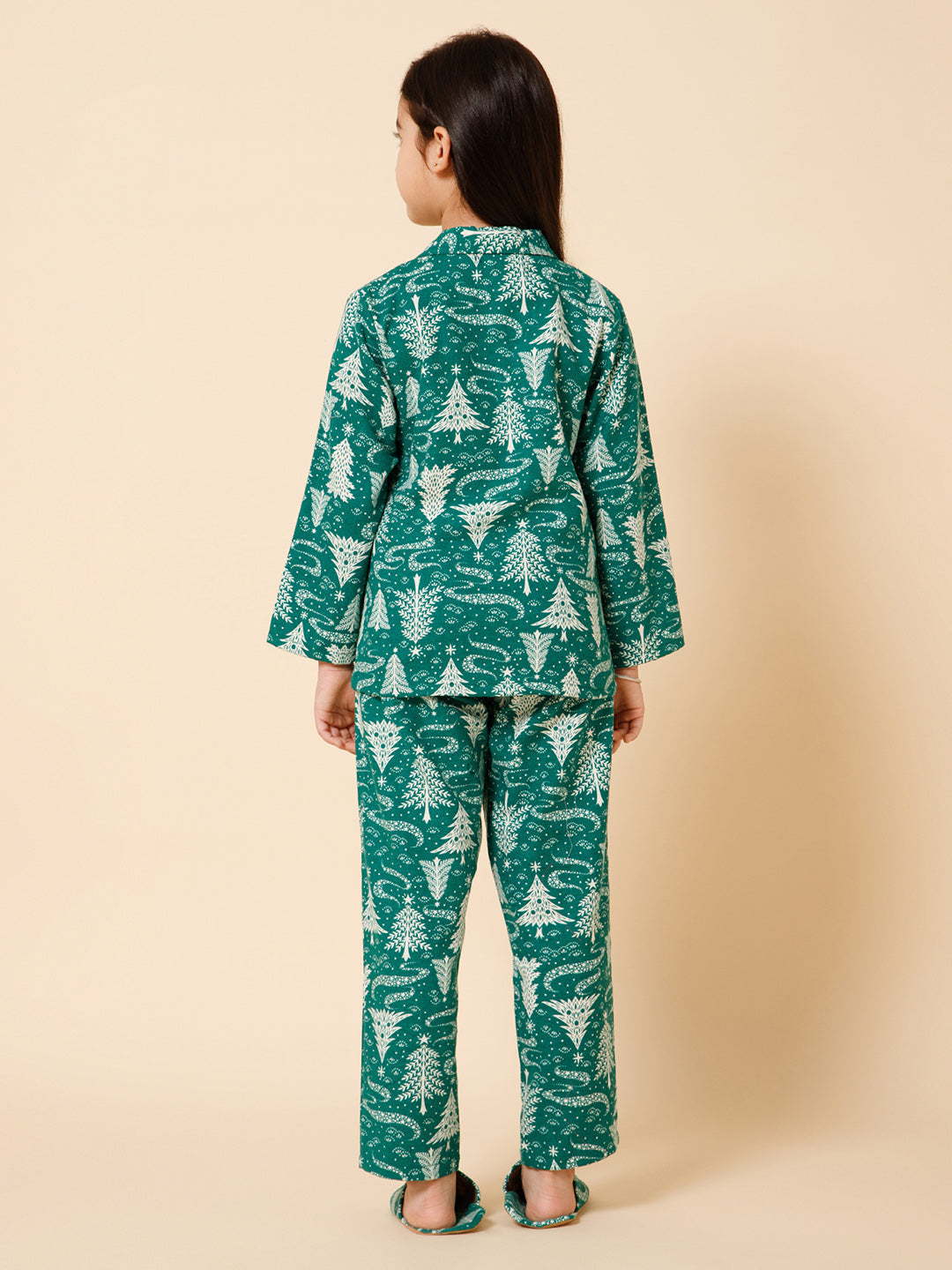 Piccolo-Christmas Tree Printed Night Suit With Slip Ons- Green