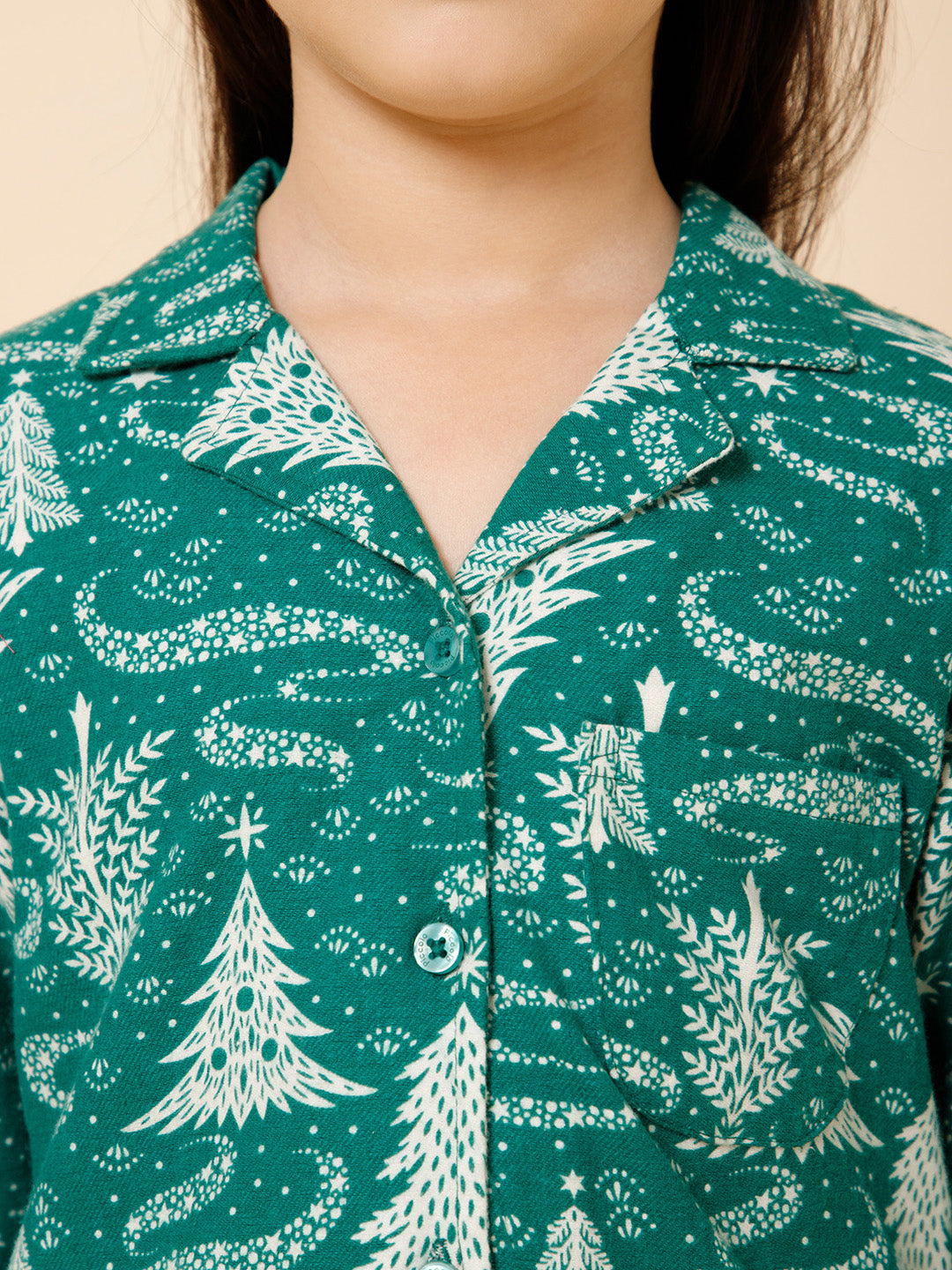 Piccolo-Christmas Tree Printed Night Suit With Slip Ons- Green