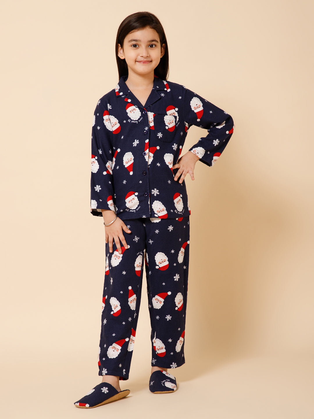 Piccolo-Santa Printed Night Suit With Slip Ons- Navy blue