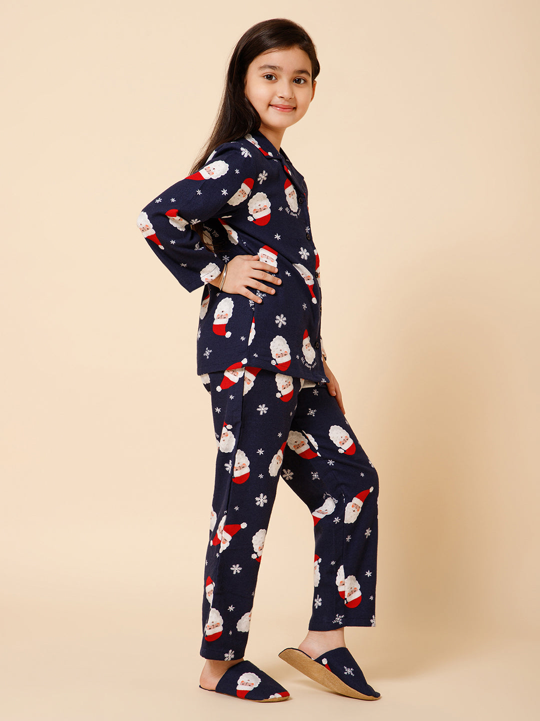 Piccolo-Santa Printed Night Suit With Slip Ons- Navy blue