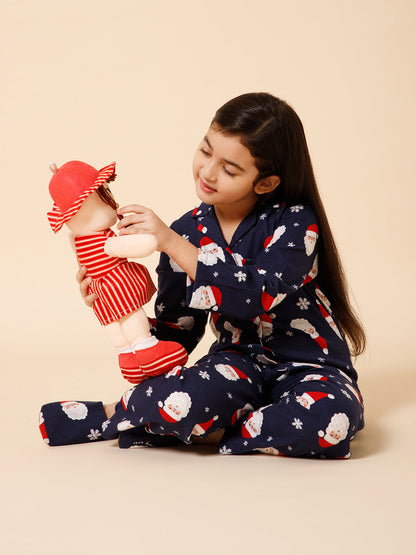 Girls Navy Blue Christmas Santa Themed Night Suit With Matching Slip Ons