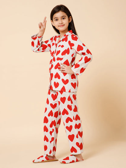Girls Heart Printed Night Suit With Matching Slip Ons