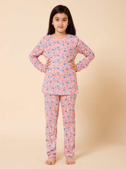 Piccolo-Printed Night Suit With Slip Ons- Pink