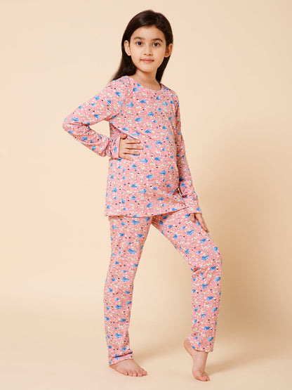 Piccolo-Printed Night Suit With Slip Ons- Pink