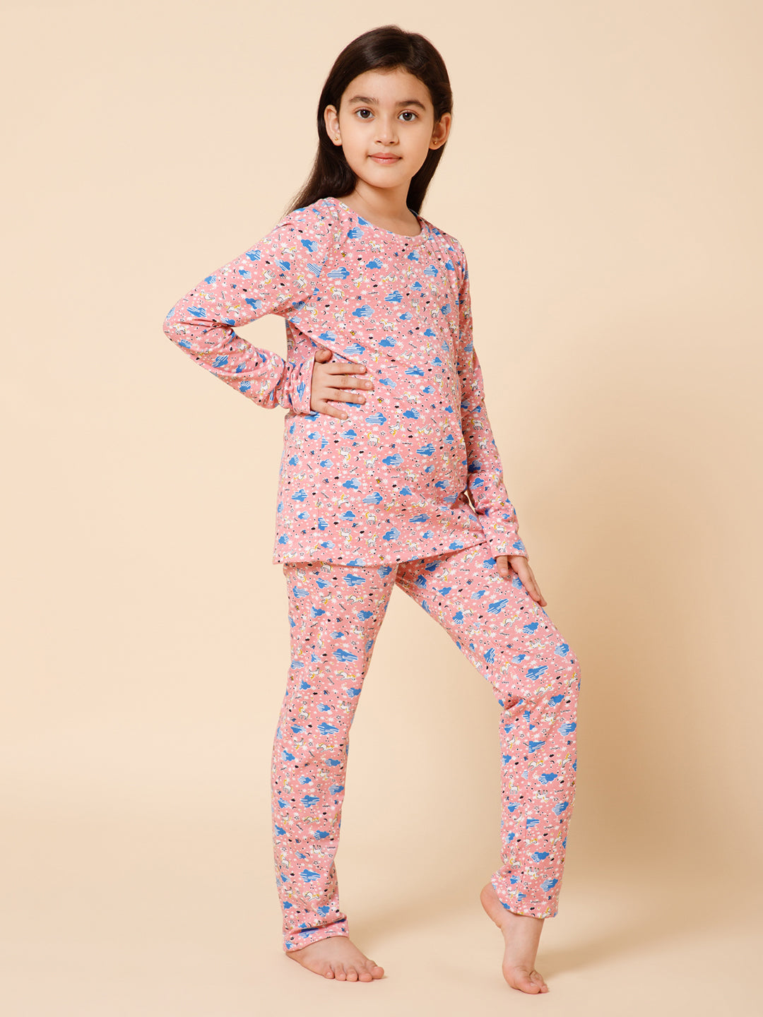Girls Floral Pink Pyjama Set With Flip Flops