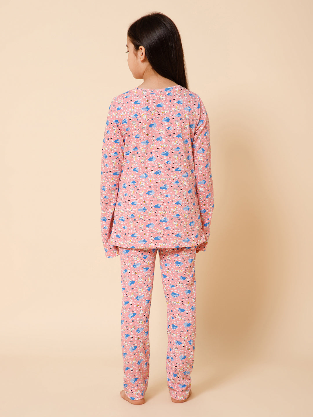 Piccolo-Printed Night Suit With Slip Ons- Pink