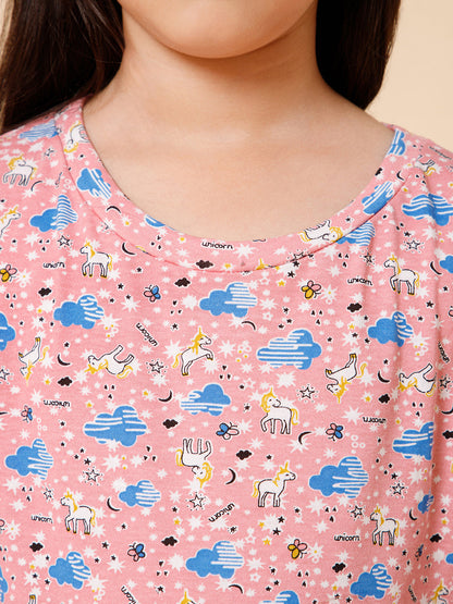 Piccolo-Printed Night Suit With Slip Ons- Pink