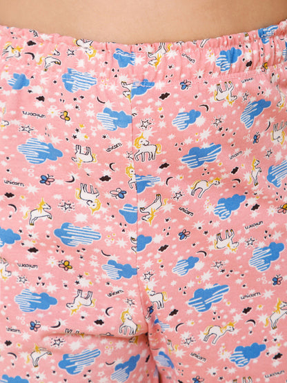 Piccolo-Printed Night Suit With Slip Ons- Pink