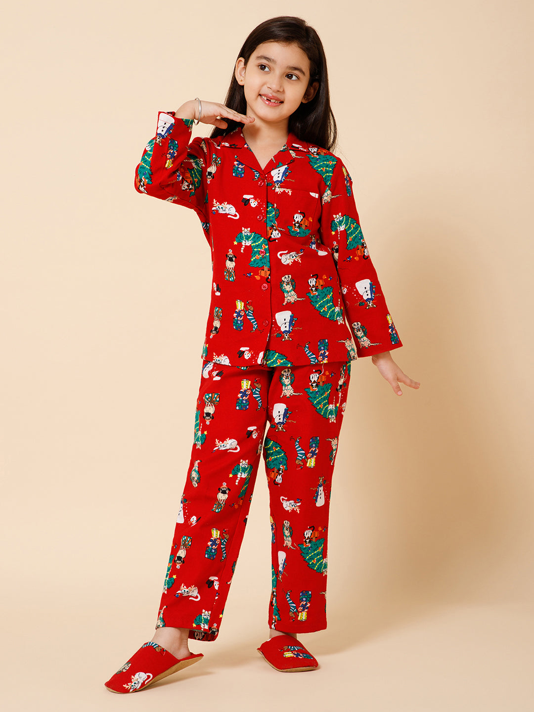Piccolo-Christmas Tree Printed Night Suit With Slip Ons- Red