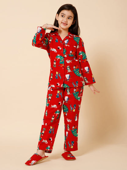 Piccolo-Christmas Tree Printed Night Suit With Slip Ons- Red