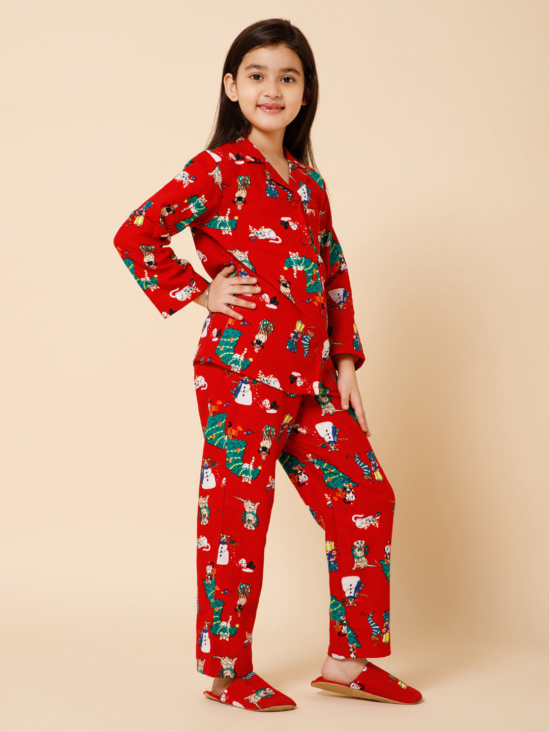 Piccolo-Christmas Tree Printed Night Suit With Slip Ons- Red
